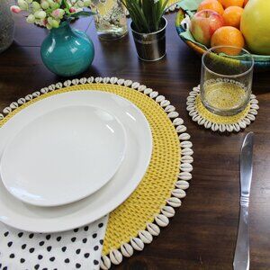 NEW Set of 4-Premium Placemats-Seashell-Trimmed Rattan-Yellow-Eco Handcraft